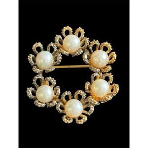 Vtg MCM Sterling Silver Gold Vermeil Brutalist Cultured Pearl Brooch Danecraft
